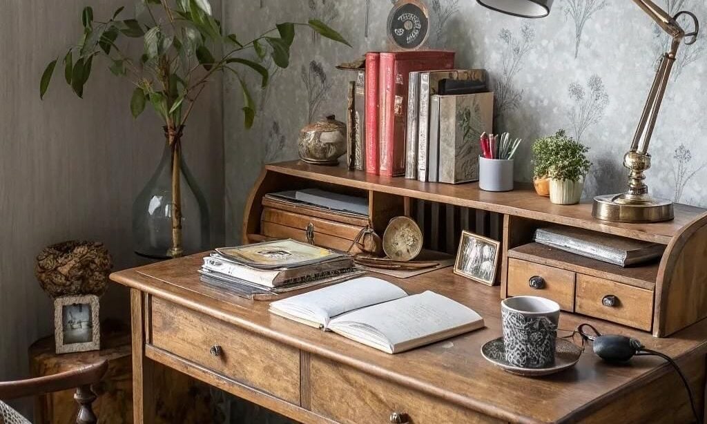 Escrivaninha d emadeira com gavetas, livros e objetos decorativos