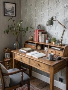 Escrivaninha d emadeira com gavetas, livros e objetos decorativos
