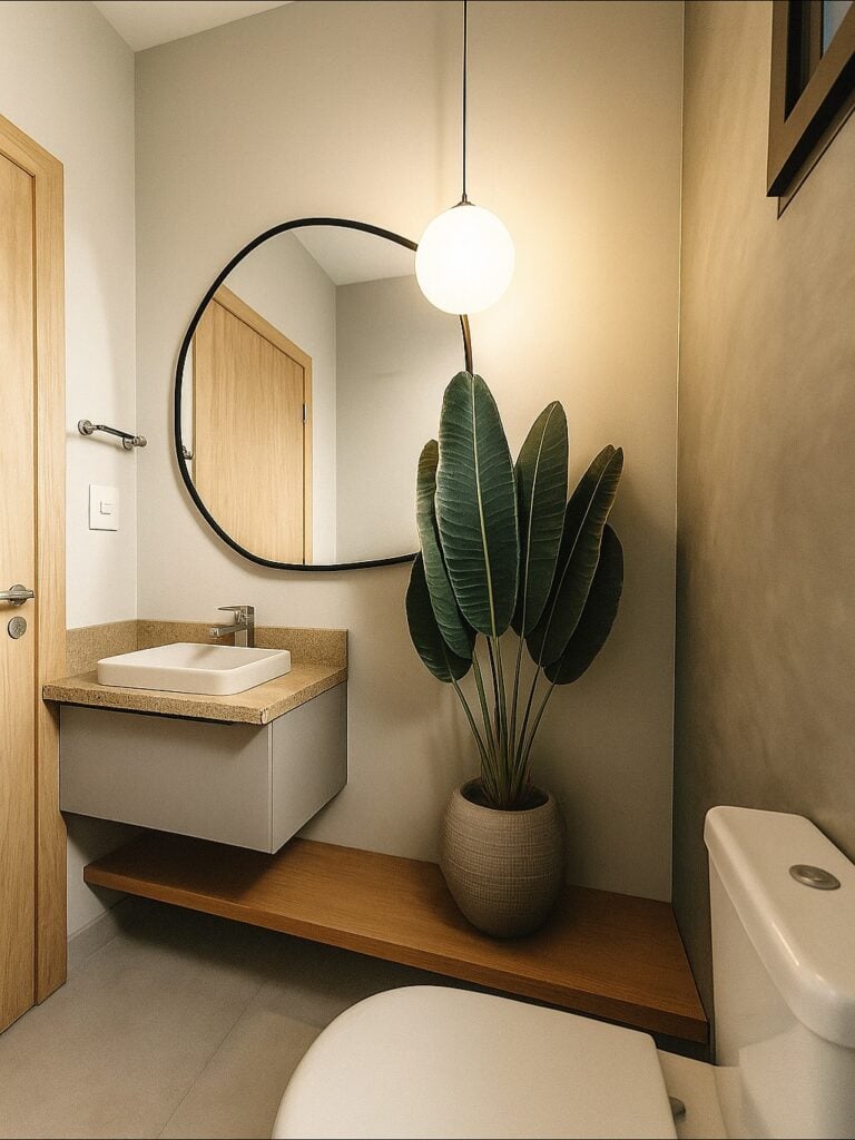 Lavabo pequeno com bancada suspensa, cuba branca, espelho orgânico, vaso com folhagem e pendente