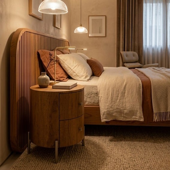 Quarto em tons de marrom e bege com mesa de cabeceira redonda com gavetas e pés de metal