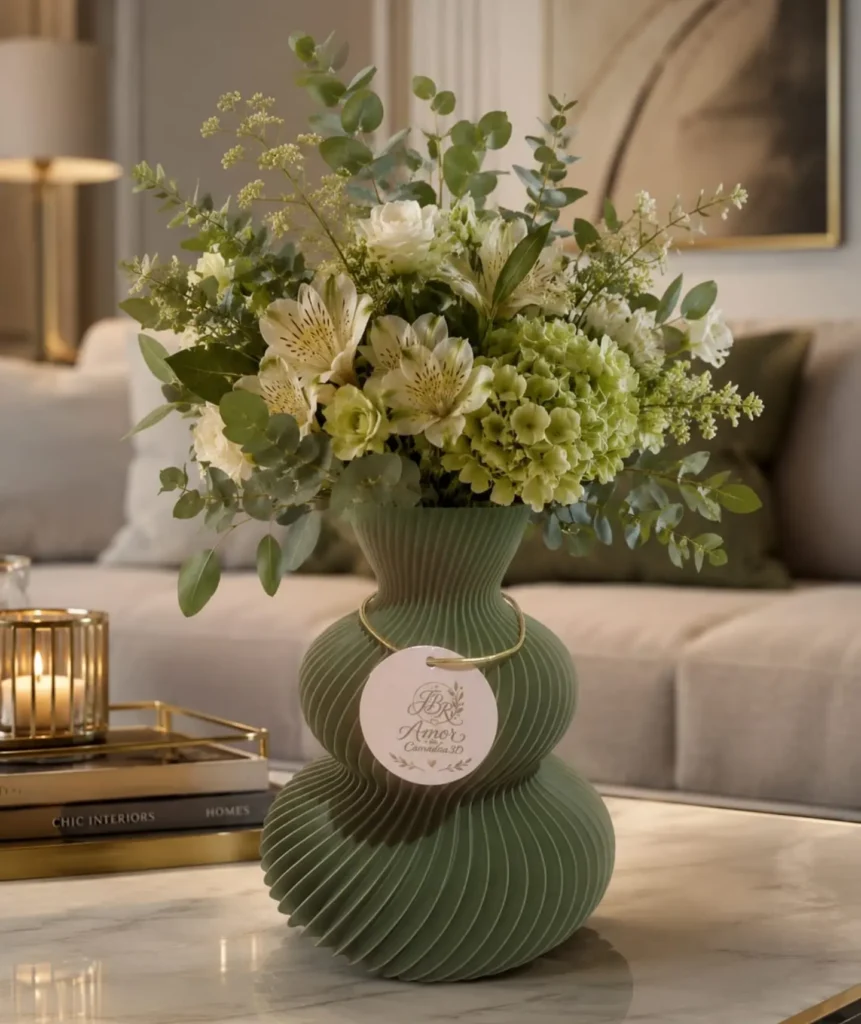 Mesa de centro com vaso verde de linhas curvas e flores
