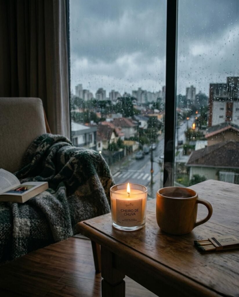 Sala com poltrona, mesa de centro de madeira com café e vela acesa